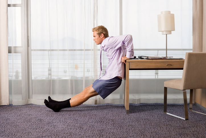 Tricep Dips on Sturdy Desk in Hotel Room